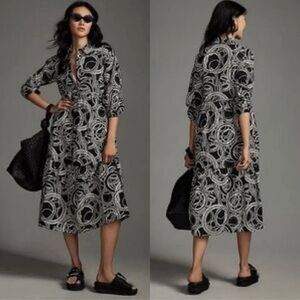 Anthropologie Maeve Bettina Tiered Shirt Dress Black Cream Maxi